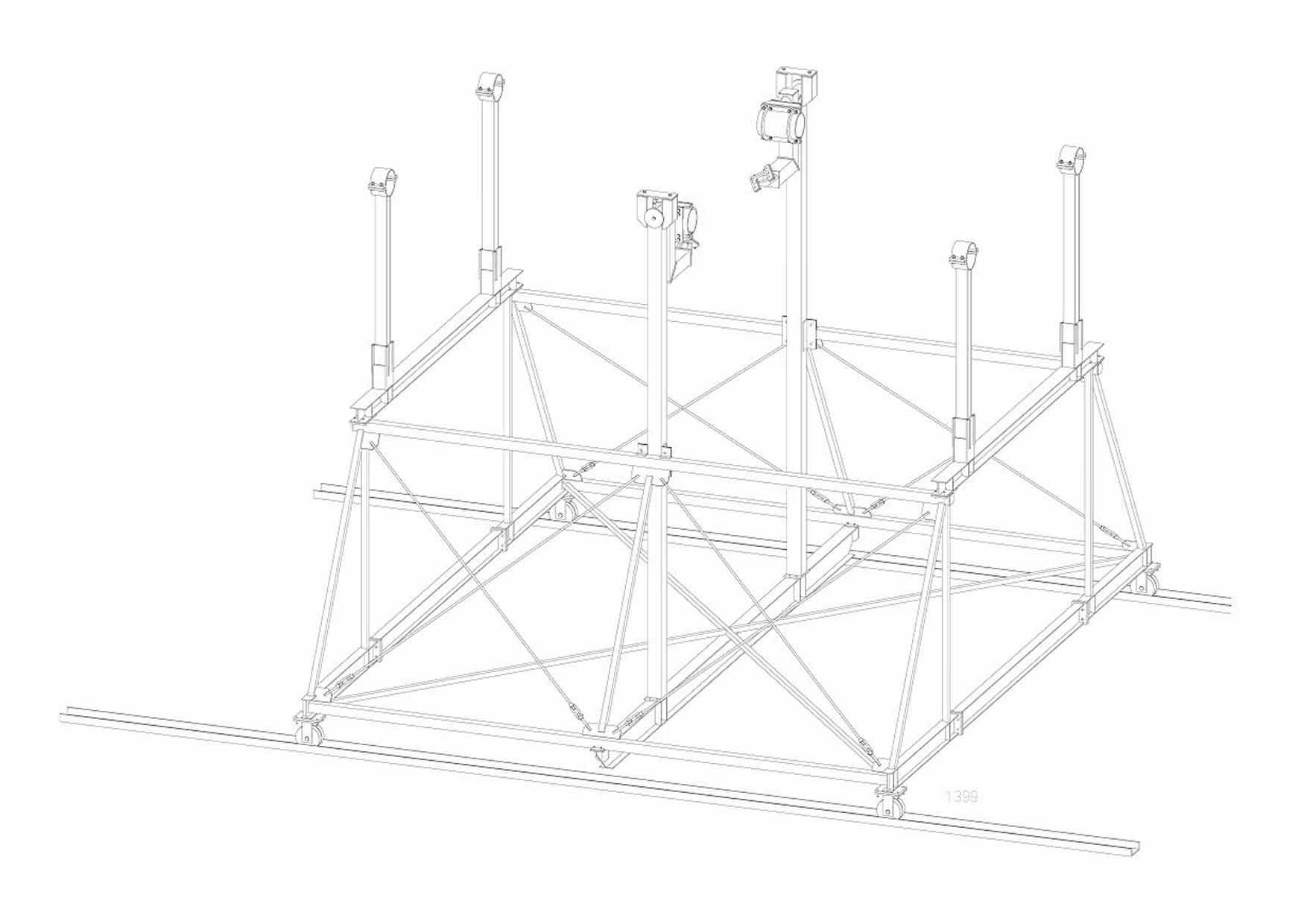 Eine Schwarzweißzeichnung einer Metallstruktur auf weißem Hintergrund.