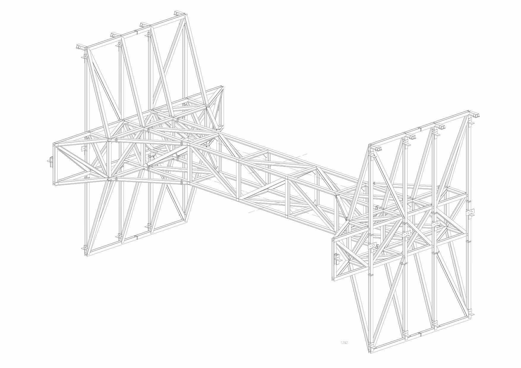 Eine Schwarzweißzeichnung einer Metallstruktur auf weißem Hintergrund.