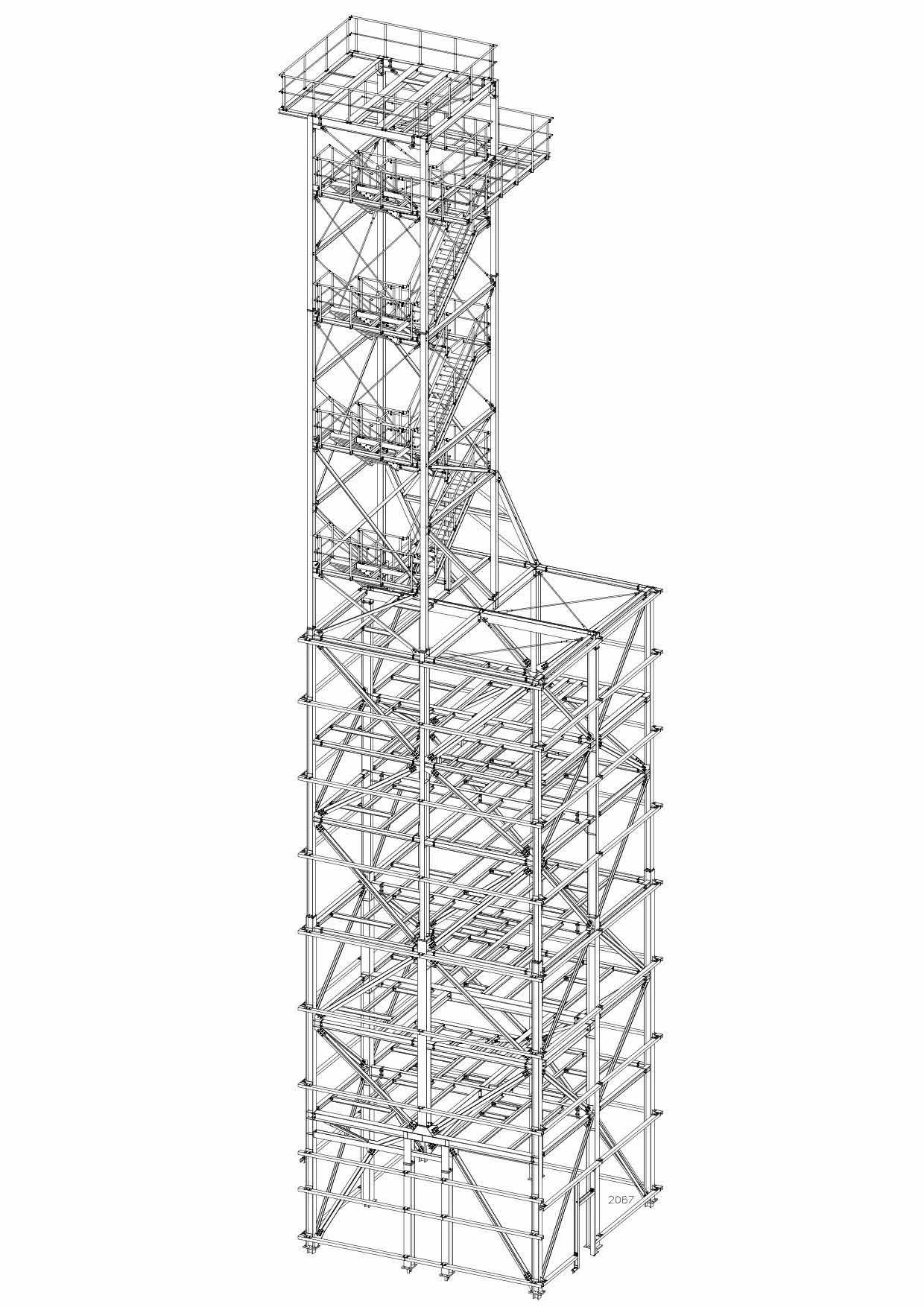 Eine Schwarzweißzeichnung eines Gerüstturms auf weißem Hintergrund.