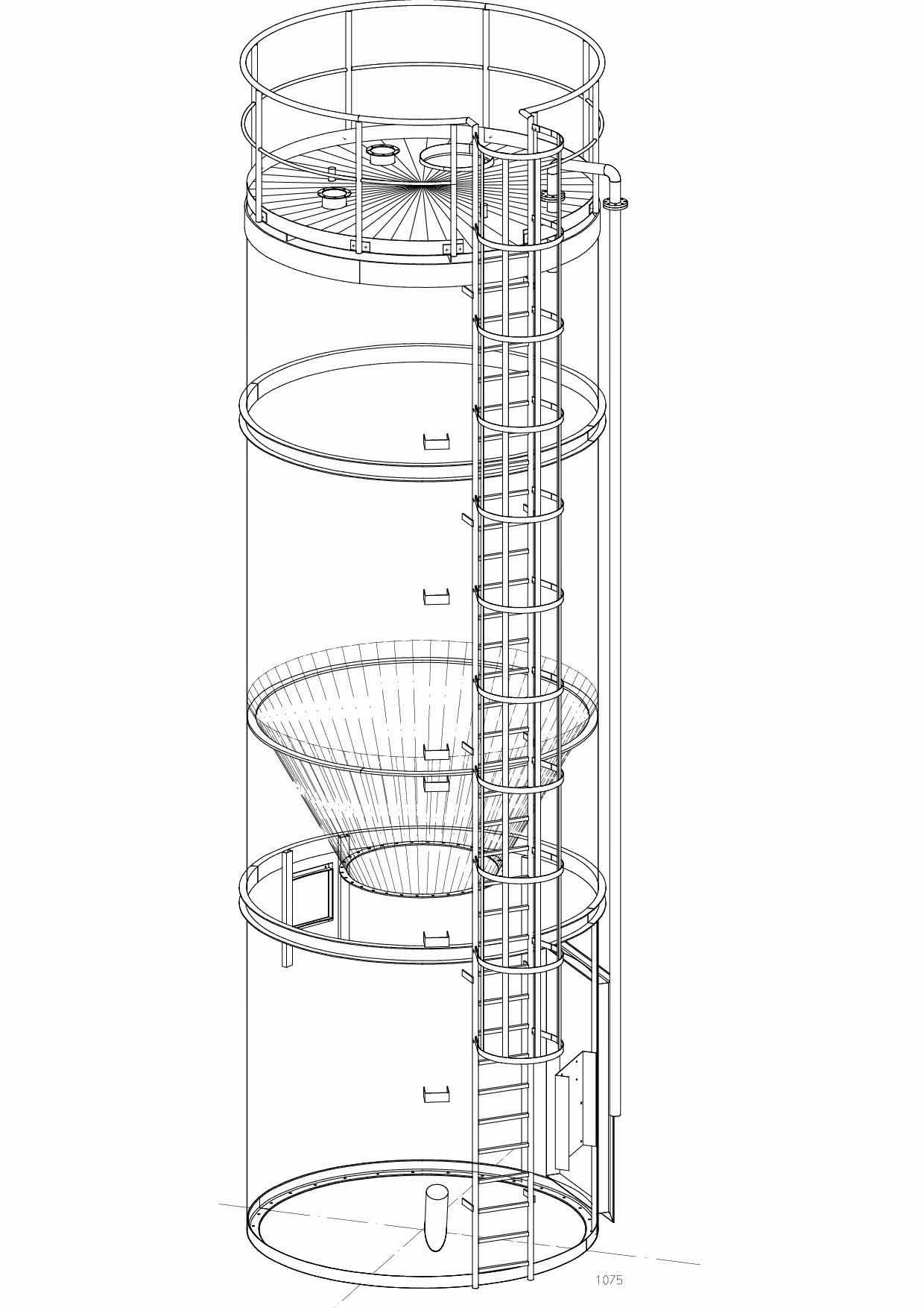 Eine Schwarzweißzeichnung einer Wendeltreppe.