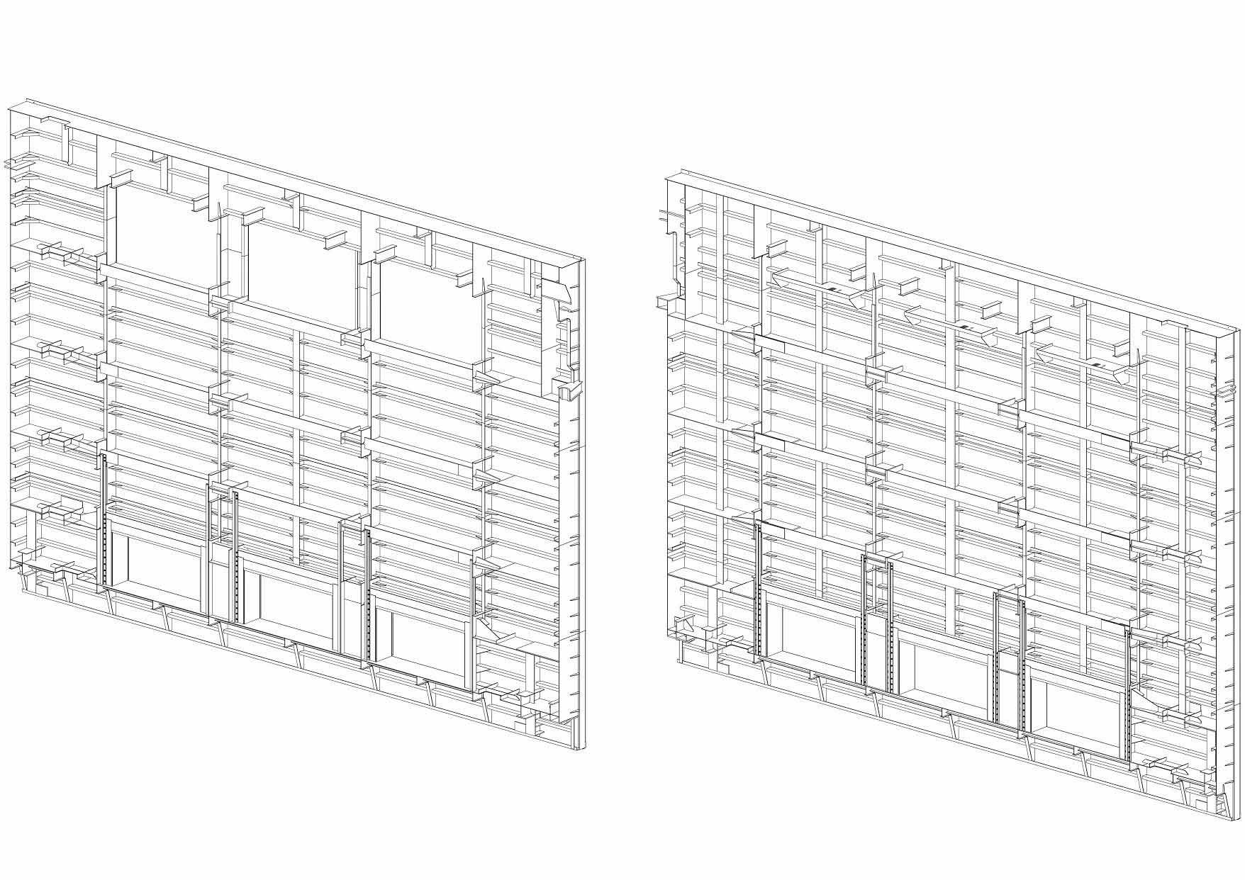 Eine Schwarzweißzeichnung eines Gebäudes mit vielen Fenstern.