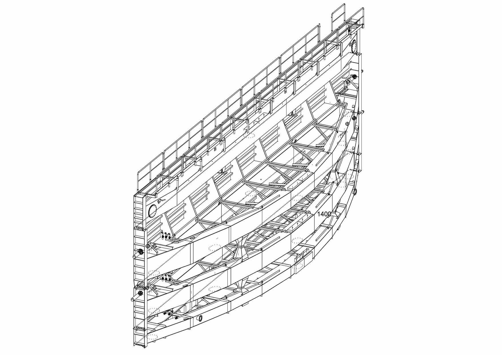Eine Schwarzweißzeichnung eines Gebäudes auf weißem Hintergrund.