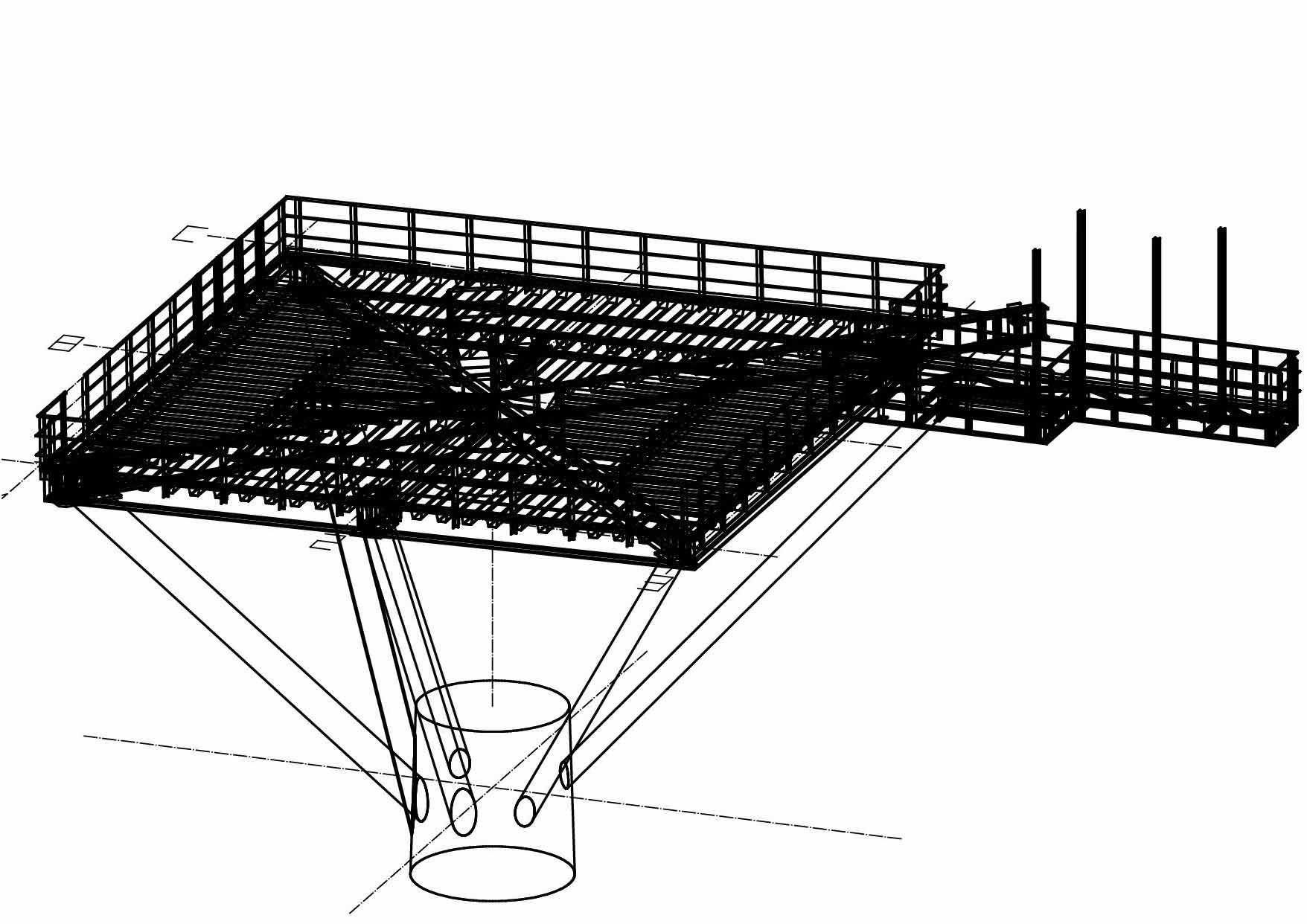 Eine Schwarzweißzeichnung einer Plattform mit Treppen und einem Zaun.