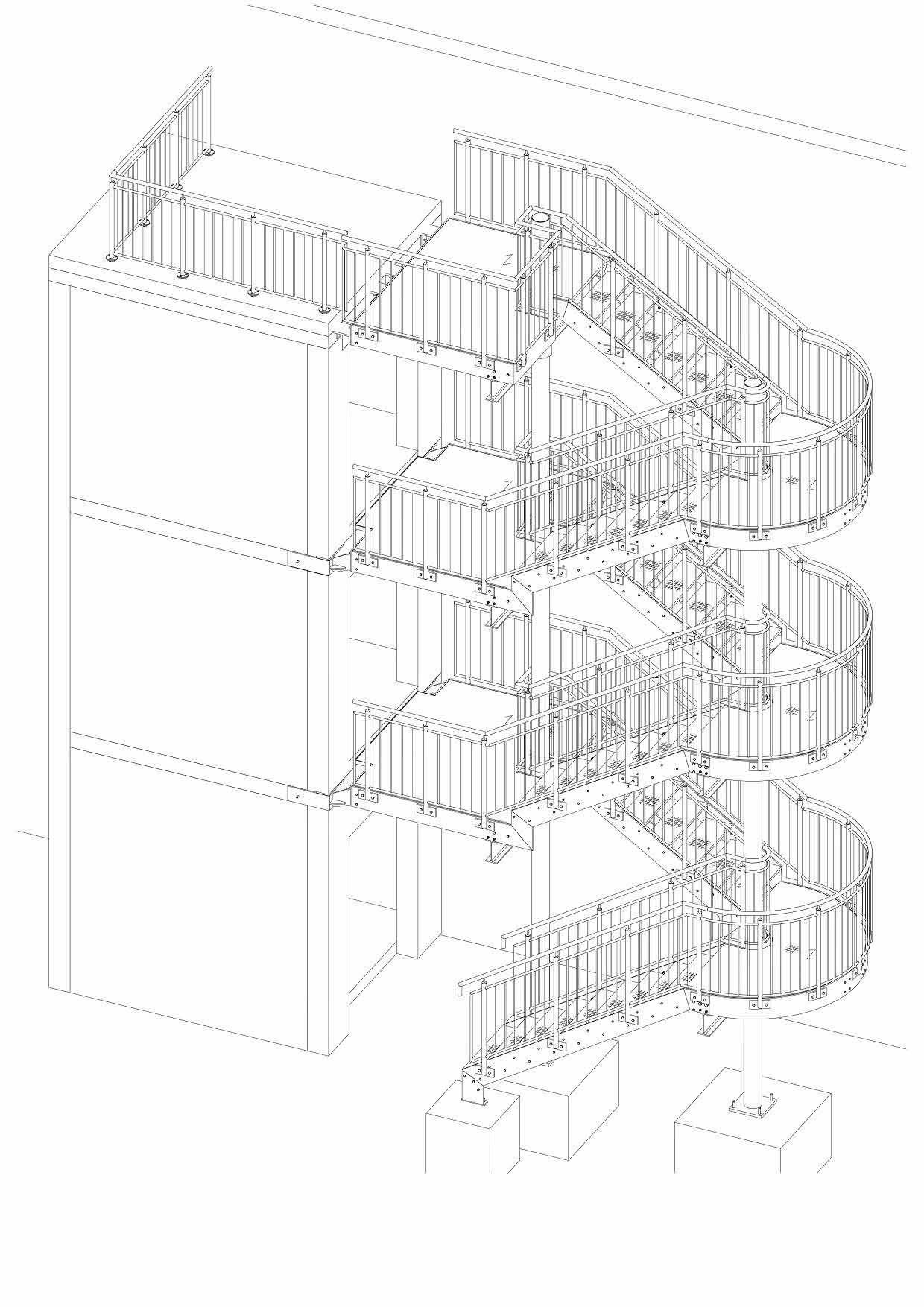 Eine Schwarzweißzeichnung einer Wendeltreppe in einem Gebäude.