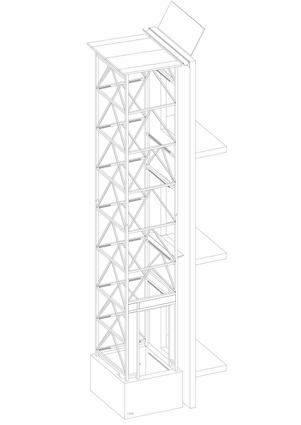 Eine Schwarzweißzeichnung eines Aufzugs mit Treppen, die auf und ab führen.