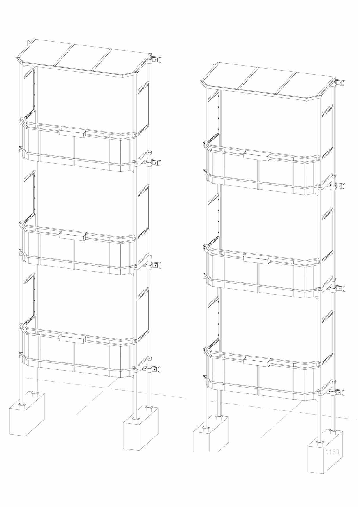 Eine Schwarzweißzeichnung von zwei Regalen auf weißem Hintergrund.