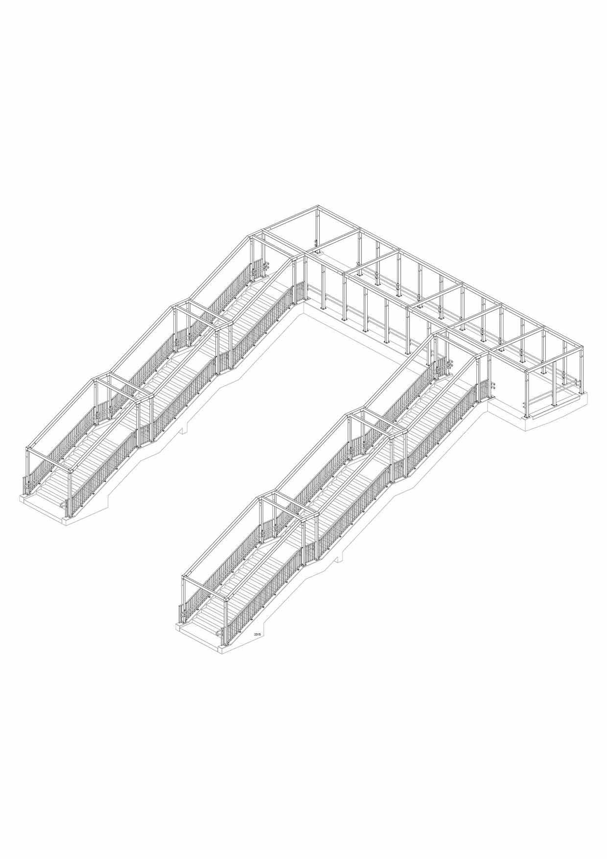Eine Schwarzweißzeichnung einer Brücke mit Treppe.