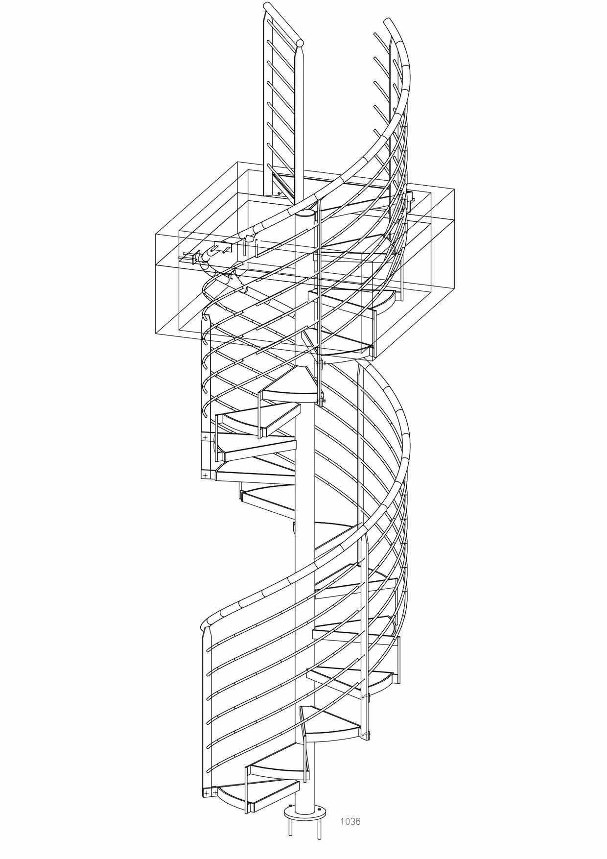 Eine schwarzweiße Zeichnung einer Wendeltreppe auf weißem Hintergrund.