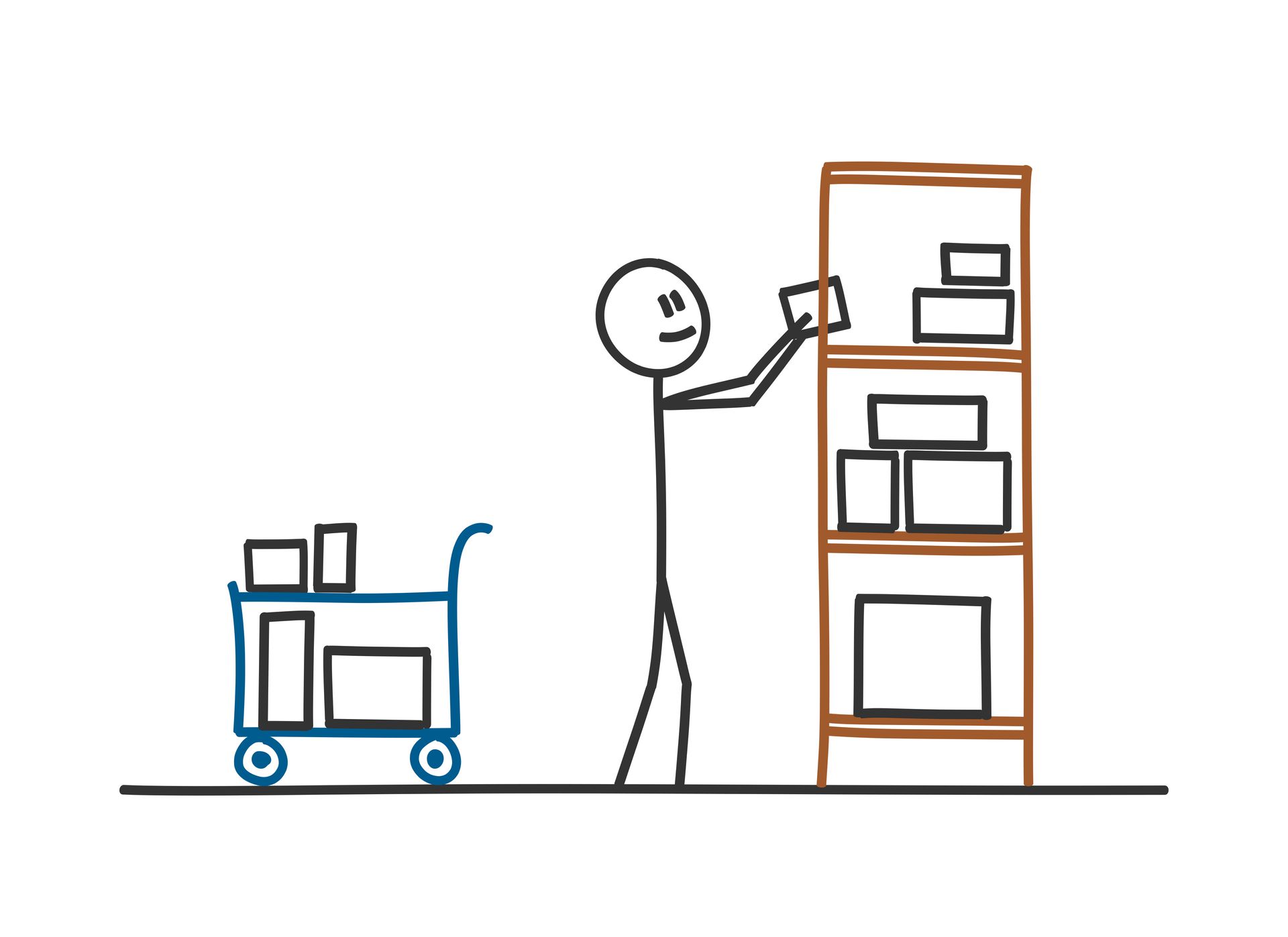 Person, die in einem Lagerhaus einen Karton mit Klebeband verklebt; auf dem Tisch ist ein Laptop zu sehen.