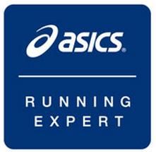 Das Logo von Asics Running Expert ist blau und weiß.