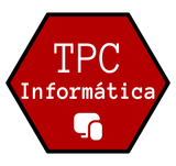 Un hexágono rojo que contiene el texto blanco "TPC Informática" y un pequeño icono blanco de dos cuadrados superpuestos.