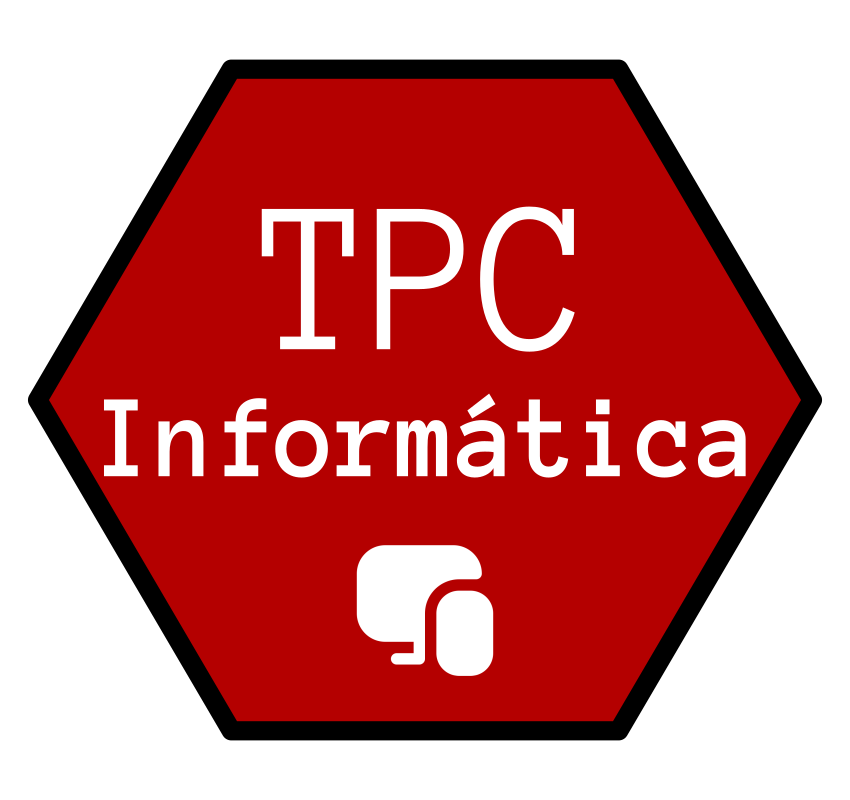 Un hex&aacute;gono rojo que contiene el texto blanco "TPC Inform&aacute;tica" y un peque&ntilde;o icono blanco de dos cuadrados superpuestos.