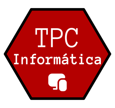 Un hexágono rojo que contiene el texto blanco "TPC Informática" y un pequeño icono blanco de dos cuadrados superpuestos.