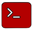 Un símbolo de línea de comandos blanco sobre un fondo cuadrado redondeado de color rojo sólido.