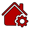Un icono de una casa roja con un engranaje superpuesto en la parte inferior derecha.