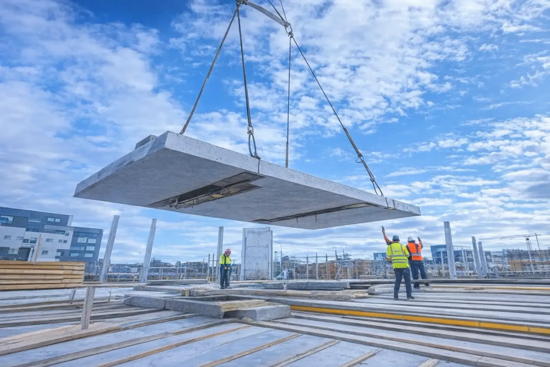 Grúa levantando una gran losa de hormigón sobre un edificio en construcción, con trabajadores con cascos guiando.