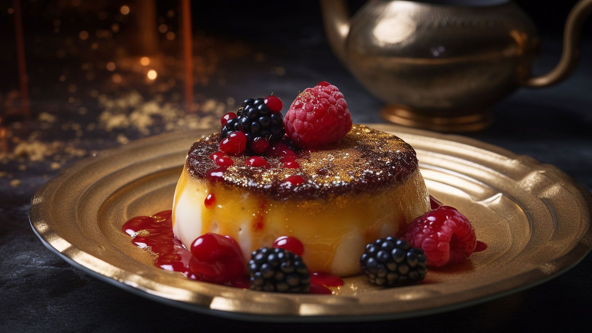 ein goldener teller mit einem dessert mit himbeeren und brombeeren darauf