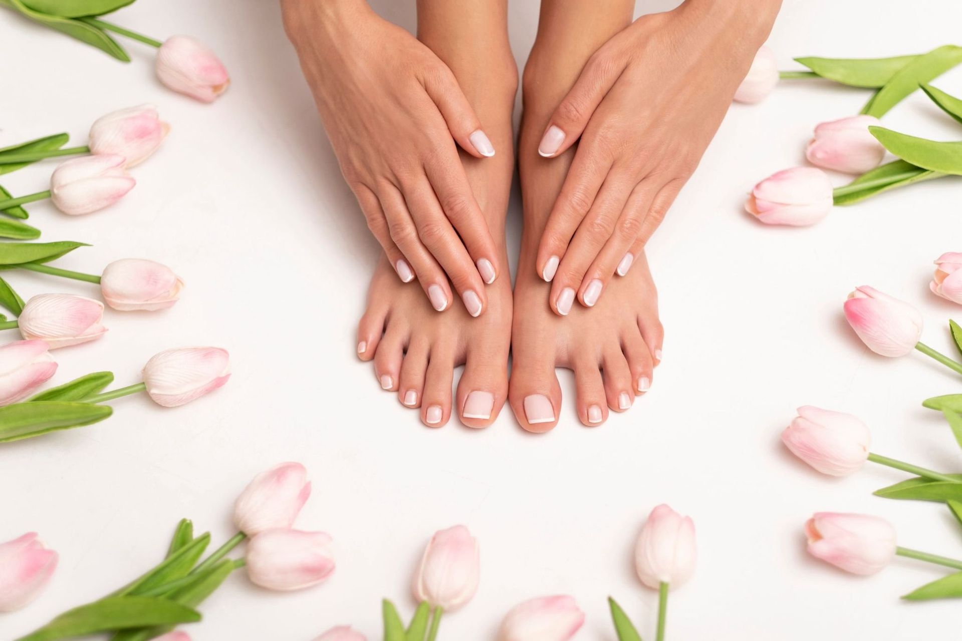 Manos y pies con manicura francesa sobre una superficie blanca, rodeados de tulipanes rosas.