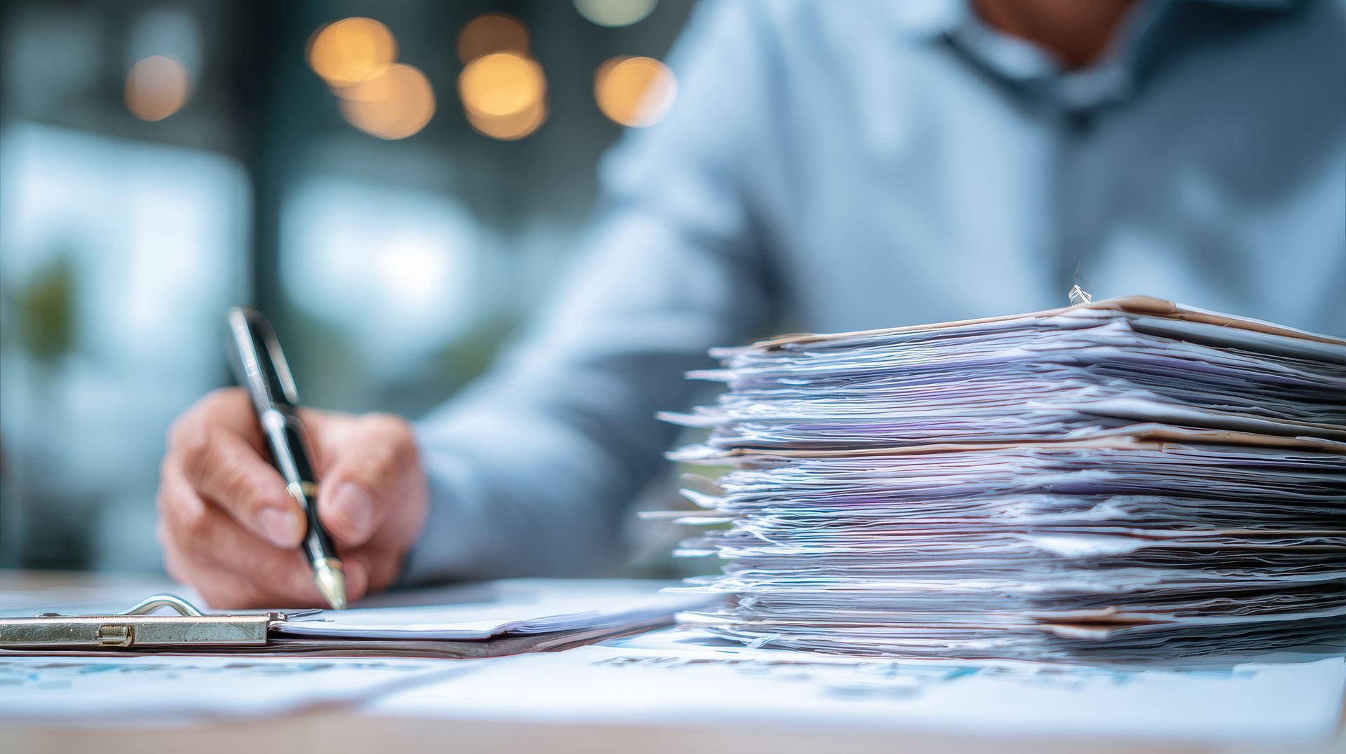 Une personne écrit au stylo, à côté d'une grande pile de papiers.