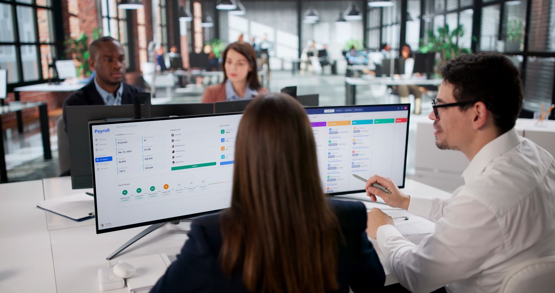 Des personnes travaillent sur des ordinateurs au bureau. Un homme désigne un écran.