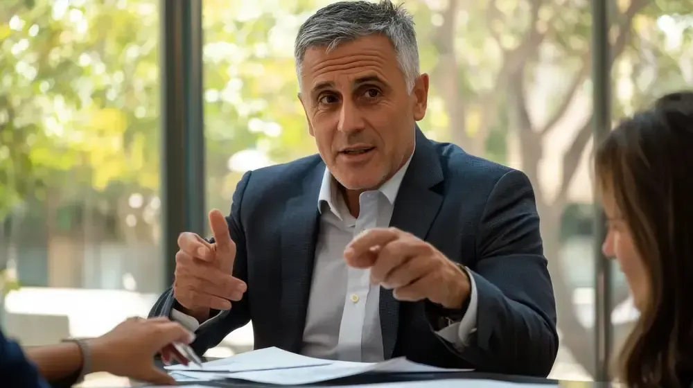 Un hombre de traje gesticula enfáticamente mientras está sentado a una mesa y discute documentos con otras dos personas.