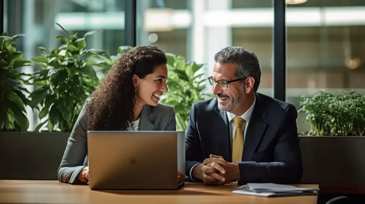 Dos personas vestidas de negocios sonriendo mientras miran una computadora portátil en una oficina.