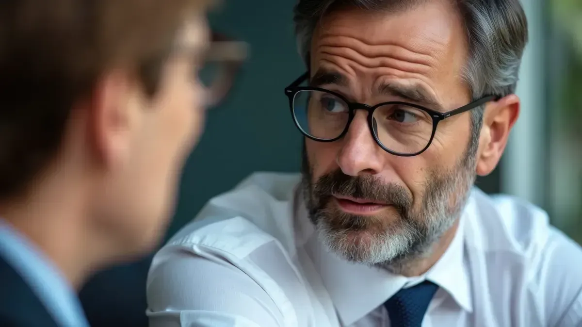 Hombre con gafas y barba gris en discusión.