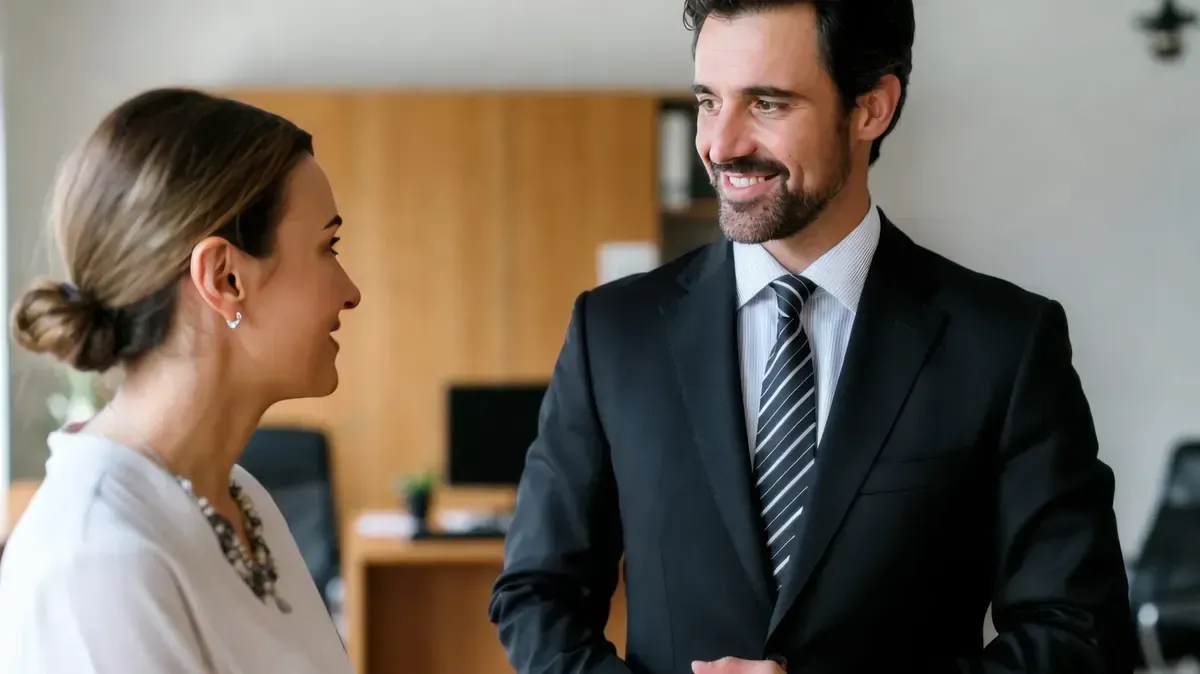 Una mujer y un hombre de traje se sonríen en un entorno de oficina.