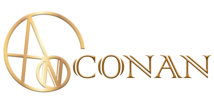 Un logotipo dorado con la palabra conan sobre un fondo blanco.