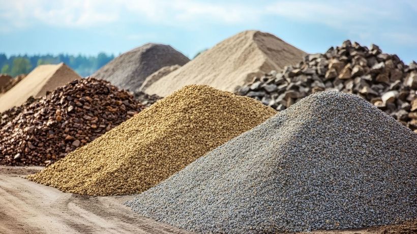 Plusieurs tas de matériaux de construction, notamment du sable, du gravier et des copeaux de bois.