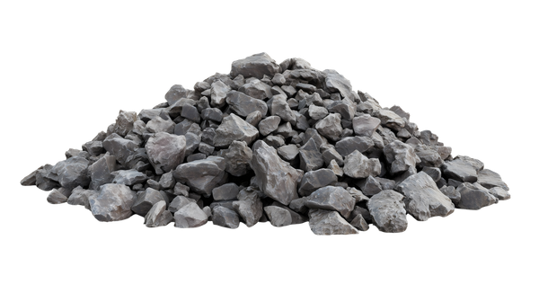 Un monticule de gravier gris concassé sur fond blanc.