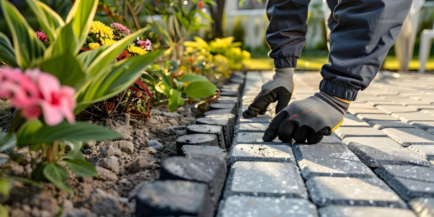 Une personne portant des gants pose soigneusement des pavés gris emboîtables pour créer une bordure d'allée de jardin.