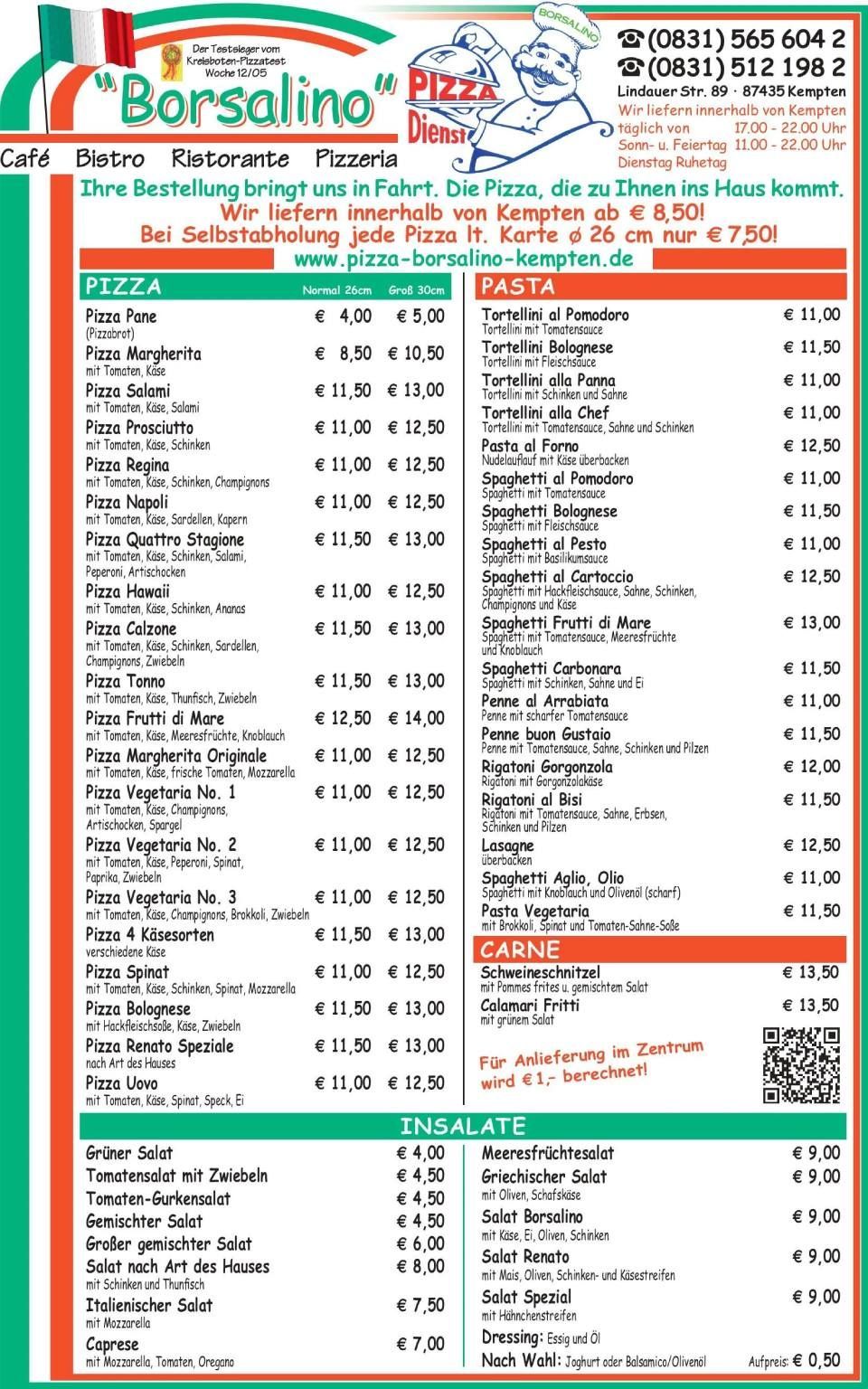 Speisekarte des Restaurants Bar Salino mit rot-grün-weißem Layout und Auflistung der Speisen und Getränke.