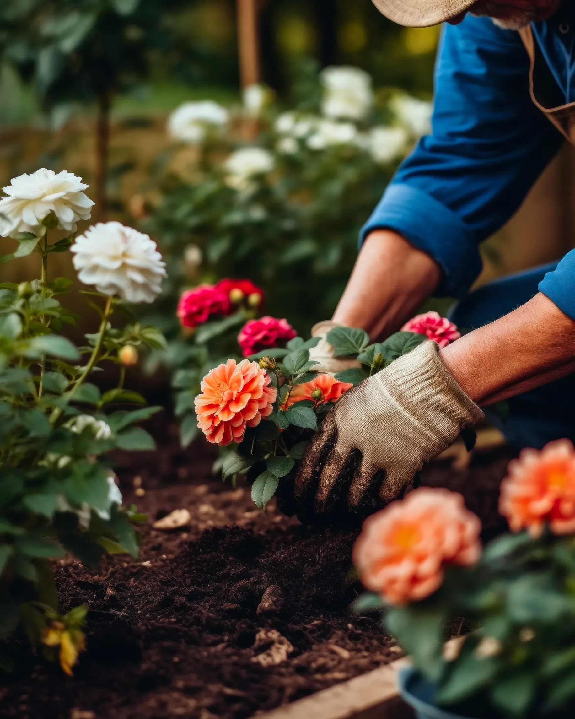 Jardinero con guantes cuidando coloridos rosales en el jardín.