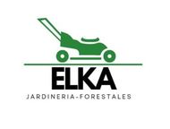 Logotipo de ELKA Jardineria-Forestales: Cortacésped verde sobre el nombre de la empresa en negro, con "JARDINERIA-FORESTALES" debajo.