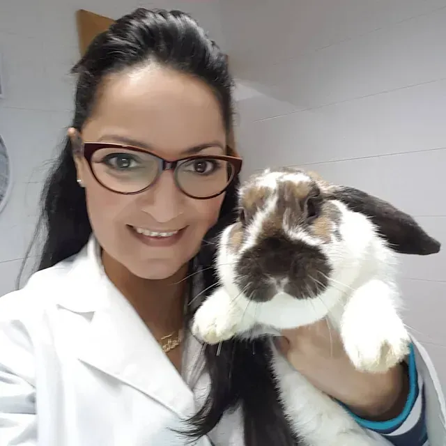 Una mujer con gafas sostiene un conejo marrón y blanco.