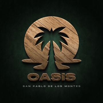 Logotipo con la silueta de una palmera con textura de madera dentro de un c&iacute;rculo, con el texto OASIS.