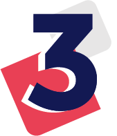 Logo avec le chiffre 3 bleu sur fond de formes angulaires rouges et grises