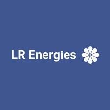 Logo LR Energies sur fond bleu avec texte blanc et icône de fleur
