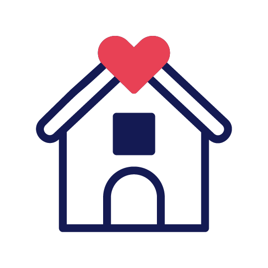 Icône de maison simple avec un cœur rouge sur le toit et un contour bleu marine