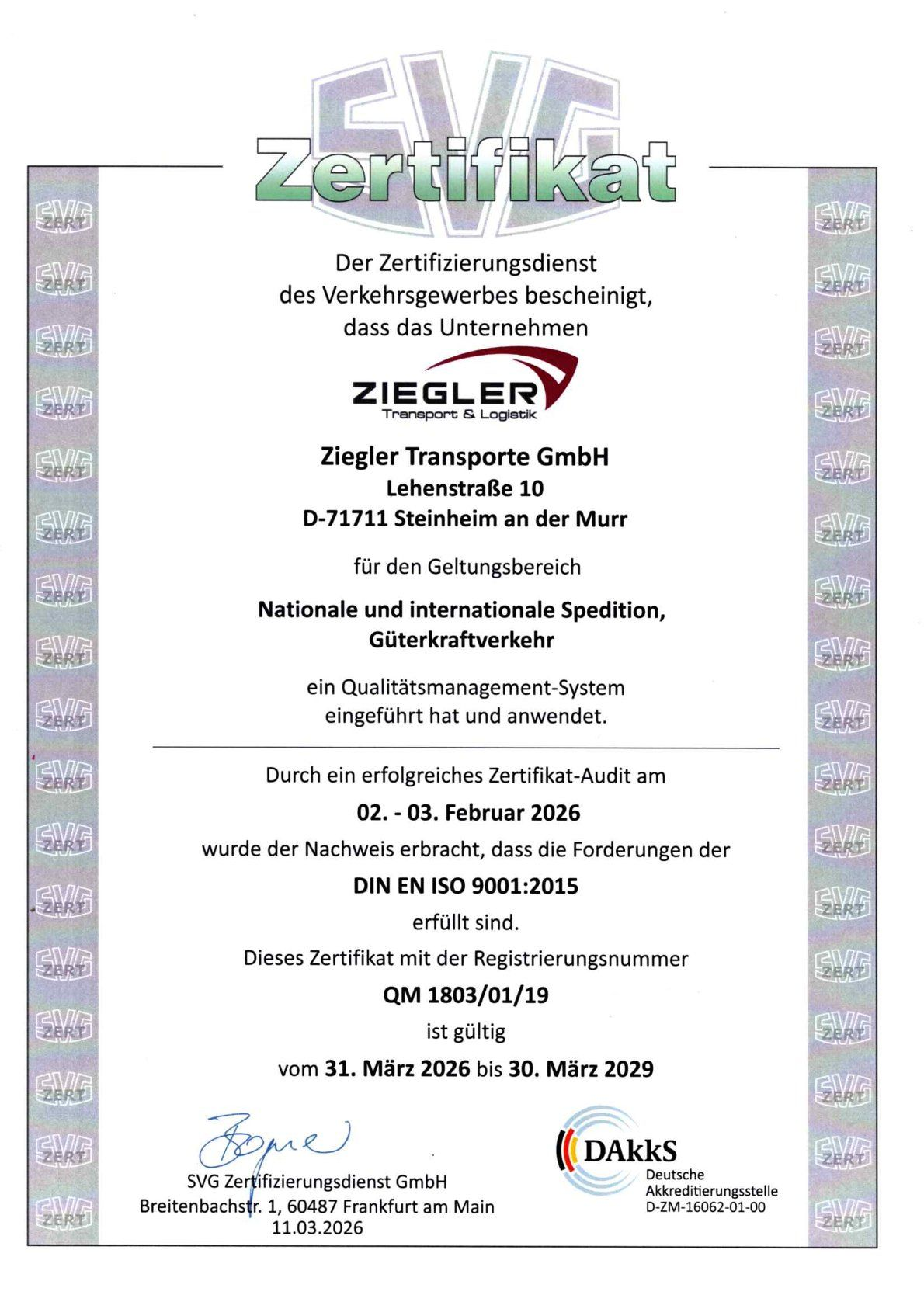 Zertifikat für Ziegler Transporte GmbH