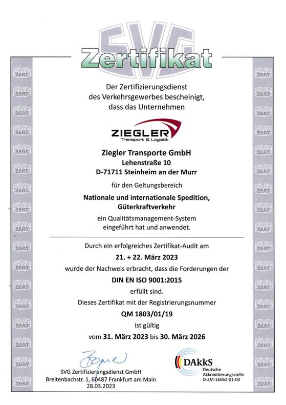 Zertifikat für Ziegler Transporte GmbH