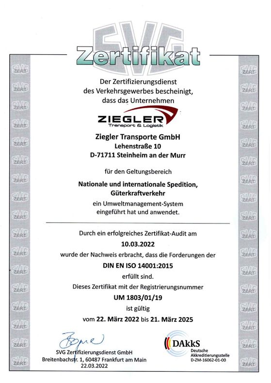 Zertifikat für Ziegler Transporte GmbH