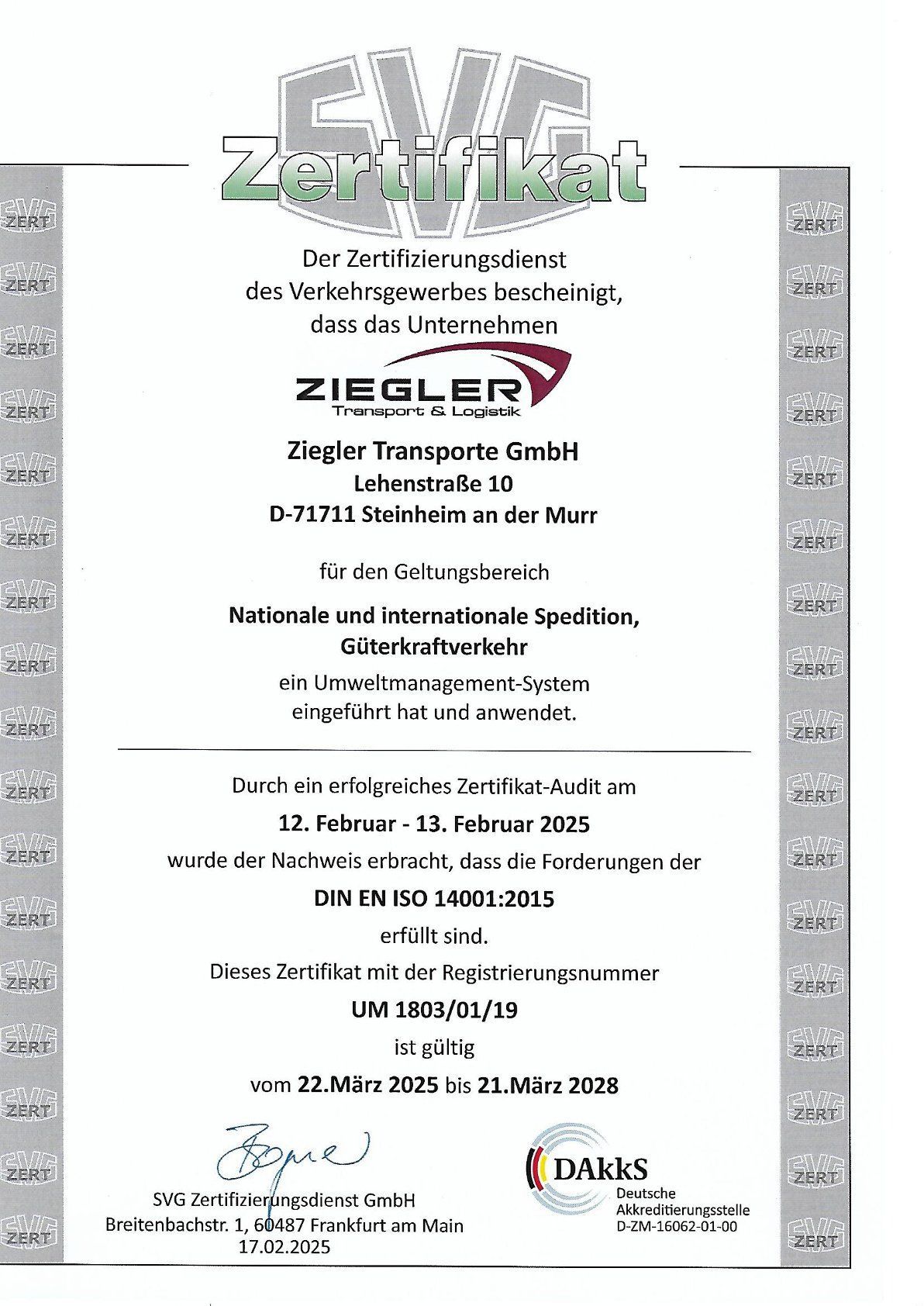 Zertifikat für Ziegler Transporte GmbH