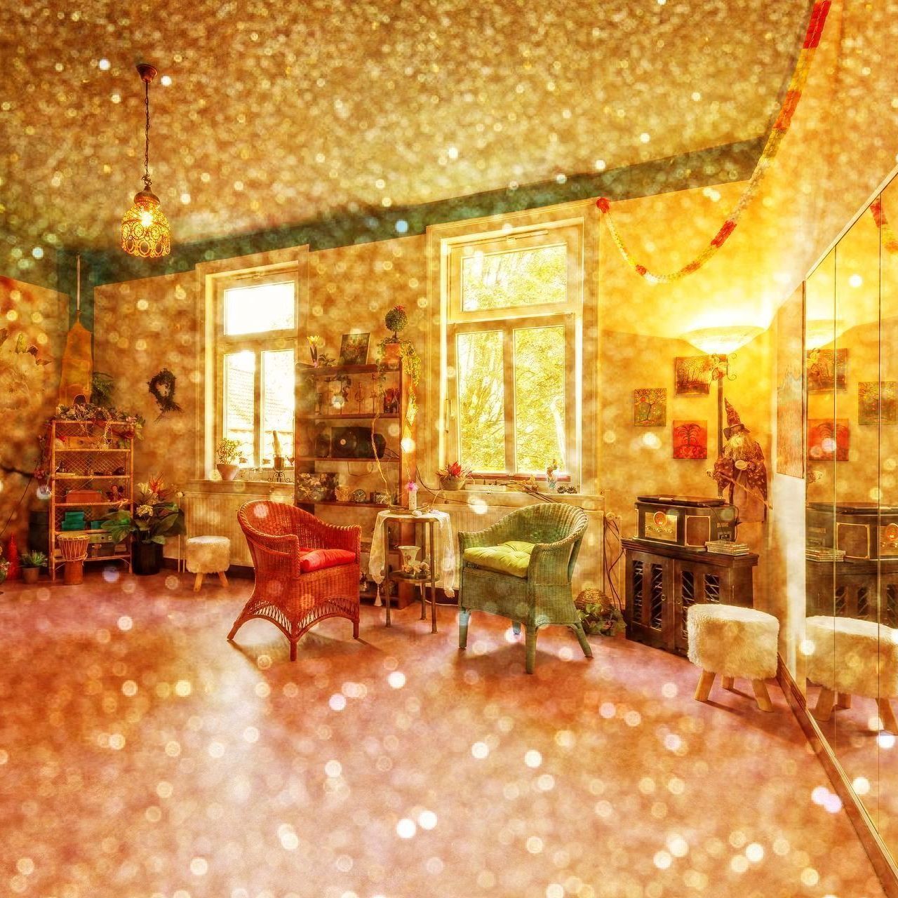 Ein Wohnzimmer mit vielen Möbeln und einem Spiegel