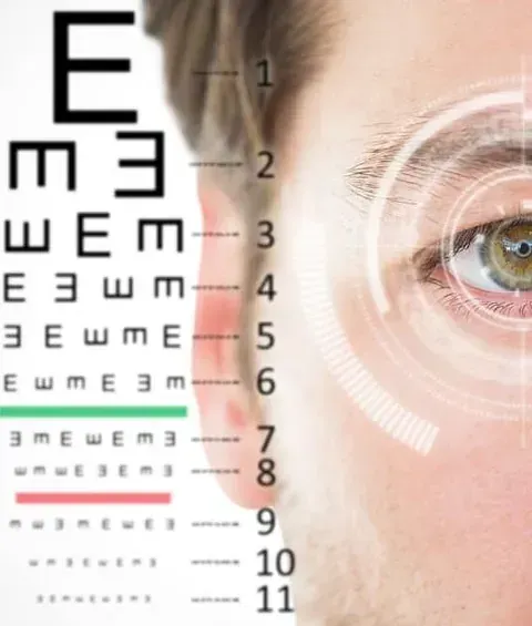 Examen de la vista con el ojo de una persona y una tabla de Snellen. El ojo tiene una superposición tecnológica.