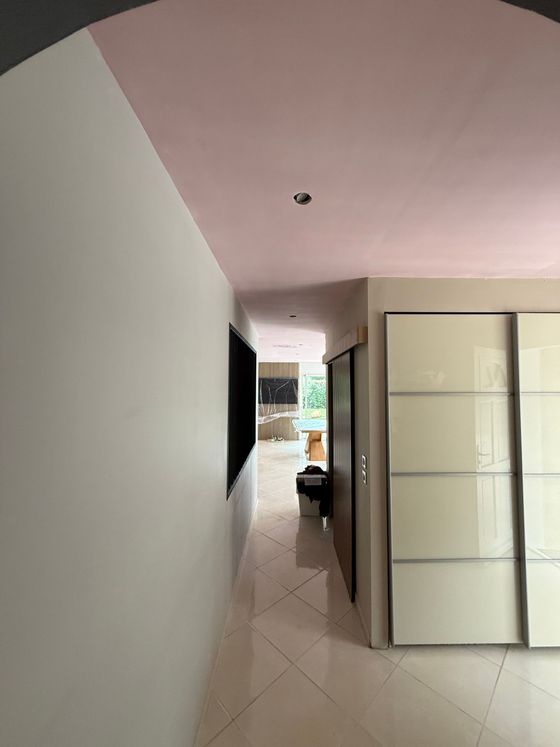Couloir étroit aux murs blancs, plafond rose, sol carrelé et armoire vitrée sur la droite.