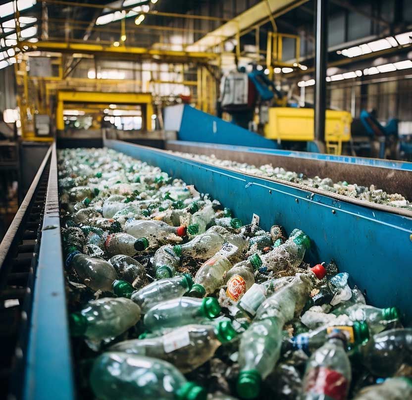 Una cinta transportadora llena de botellas de plástico en una fábrica.