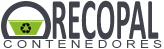 Logotipo de RECOPAL, contenedores de reciclaje. Texto y emblema en gris oscuro con un contenedor de reciclaje verde.