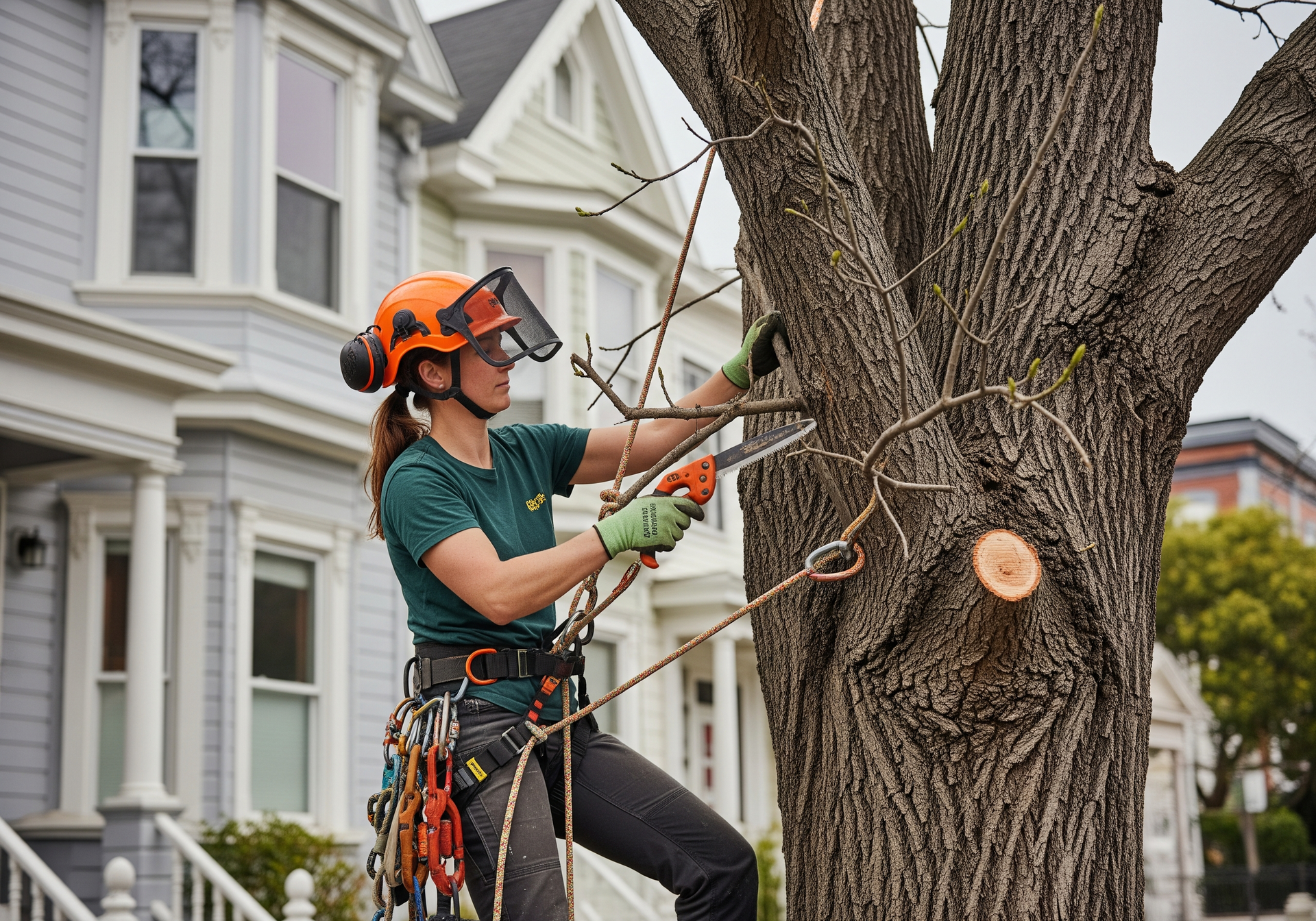 Un élagueur portant un casque orange taille des branches près d'une maison